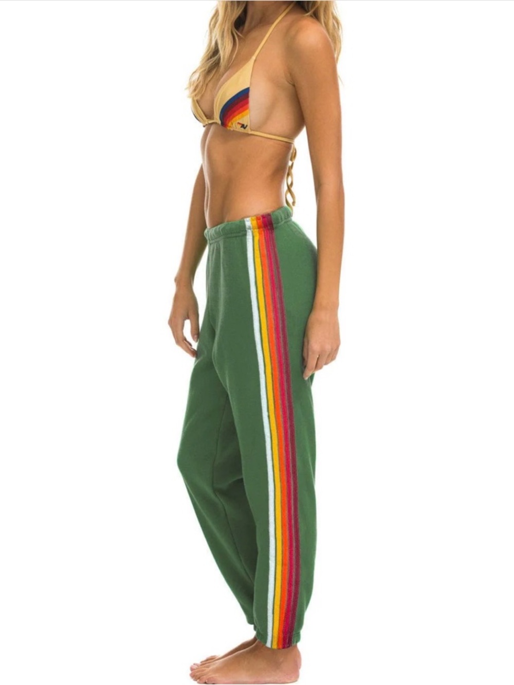 Aviator Nation Green Track Pants with Rainbow Side Stripes. Palm Green Rainbow